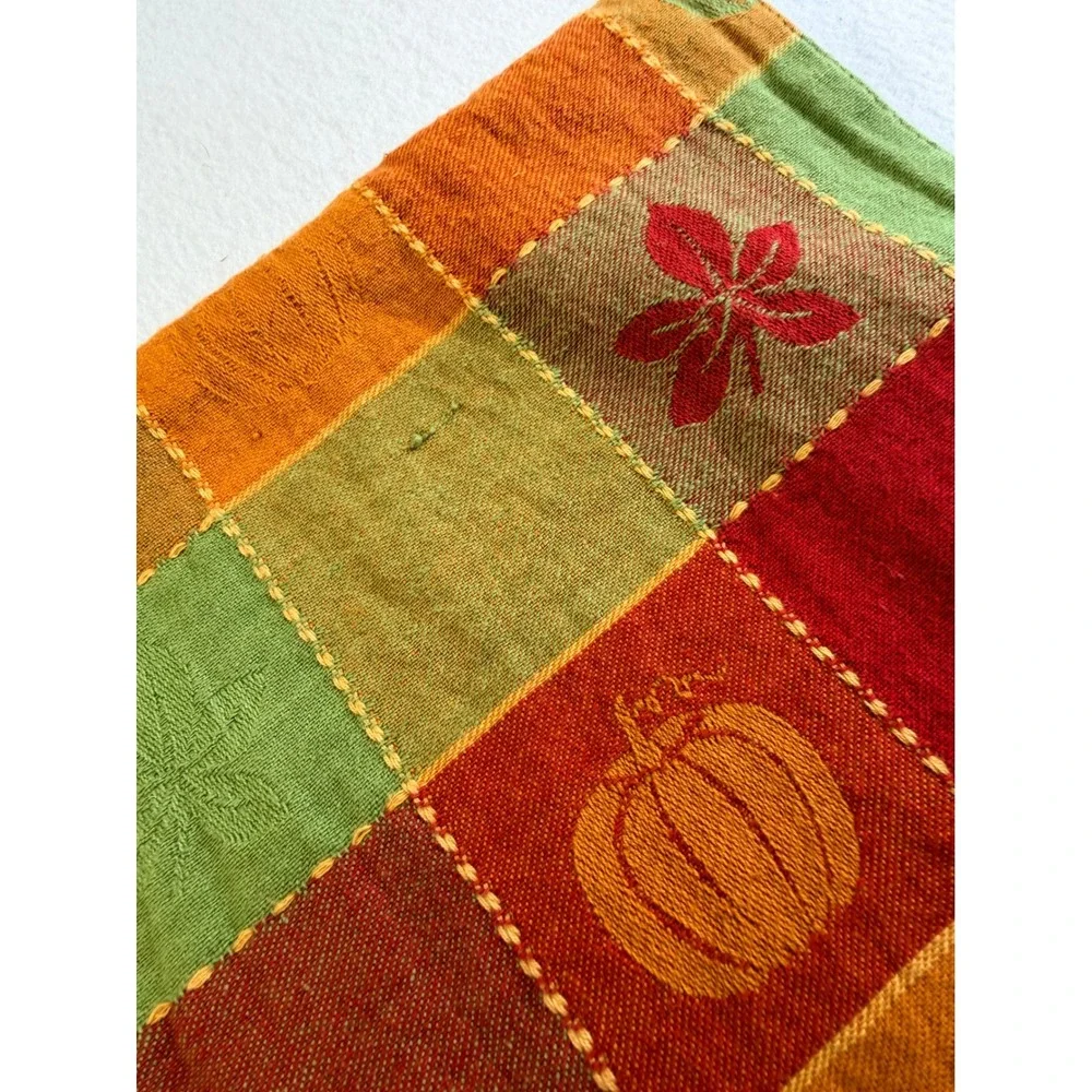 Autumn Patchwork Pumpkin Leaf Woven Table Runner Red Orange Green 13x70